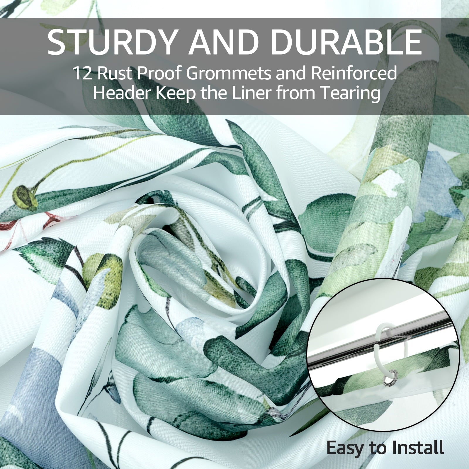 Dznils Green Eucalyptus Fabric Shower Curtain, Watercolor Floral Pattern with Hooks, 72" x 72"