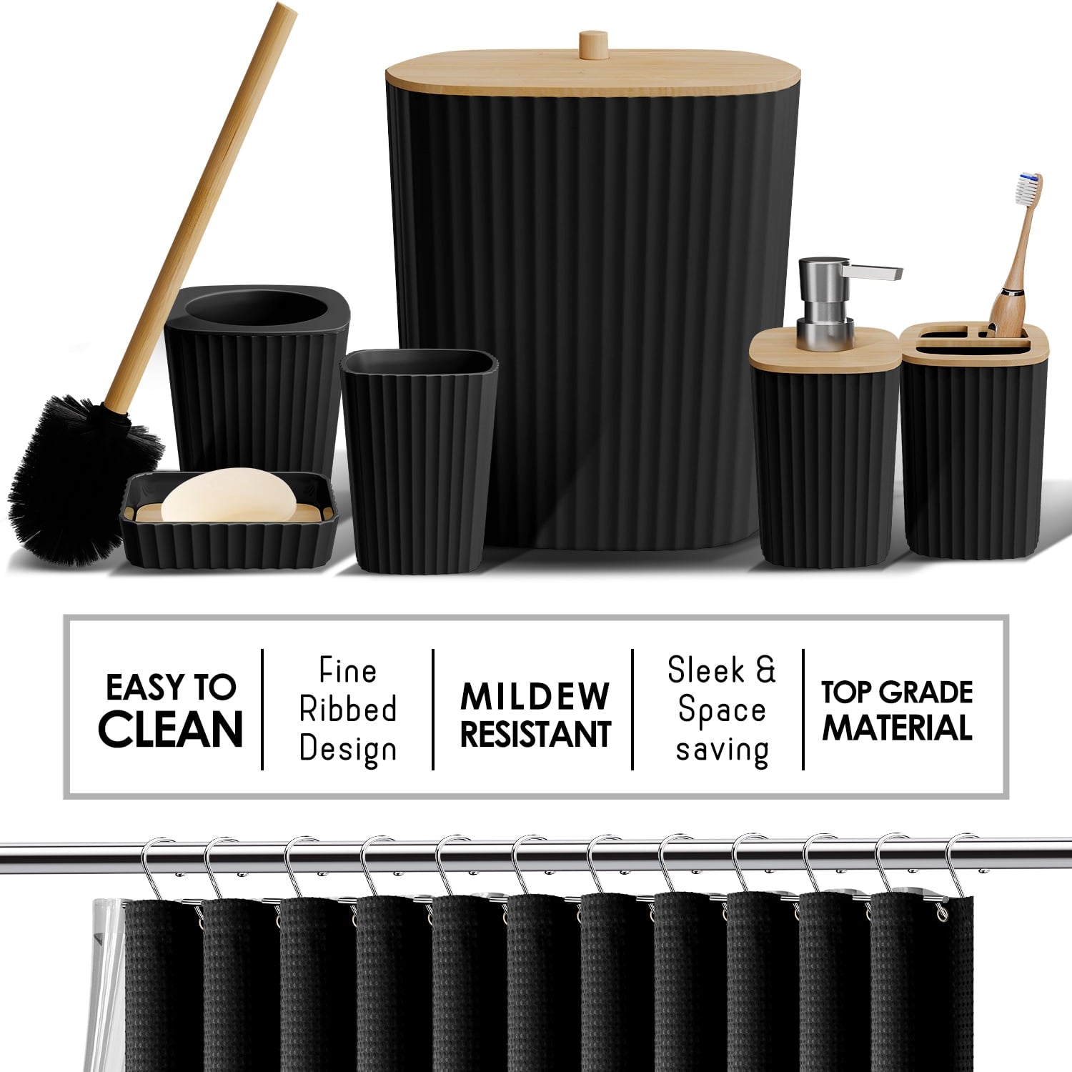 Hearth & Harbor 20 Piece Bamboo Bathroom Sets, Black Bathroom Accessories Set with Shower Curtain