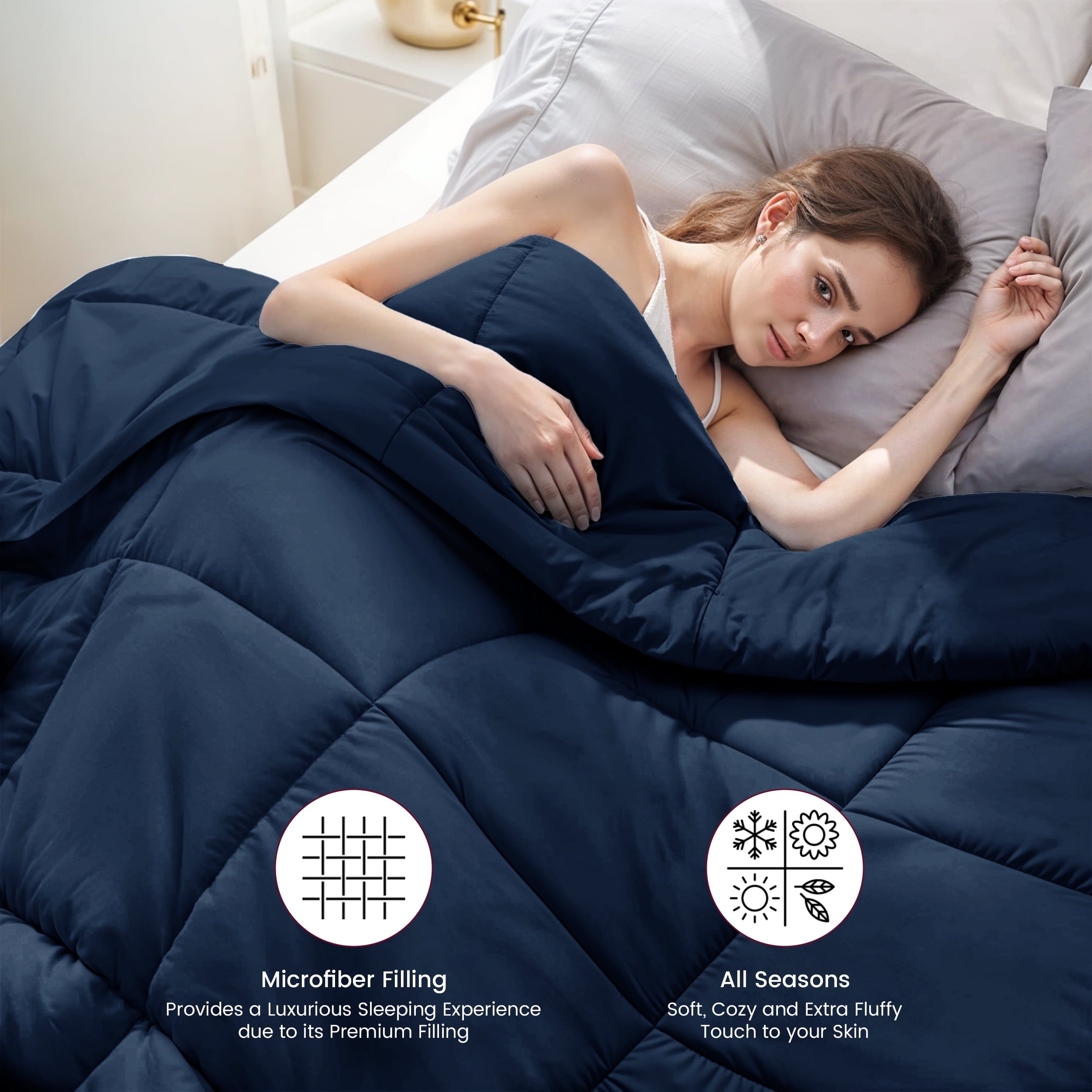 Lux Decor Collection Quilted Comforter All Season Down Alternative Reversible Fluffy Ultra Soft Duvet Insert (Queen, Navy Blue)