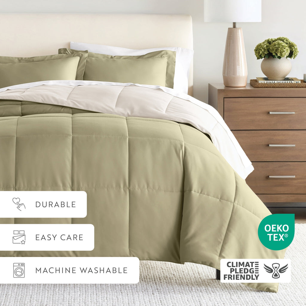 All Season Reversible Comforter Set Breathable Cool in Sage Green & Ivory Twin/Twin XL Size Bedding by Comfort Canopy